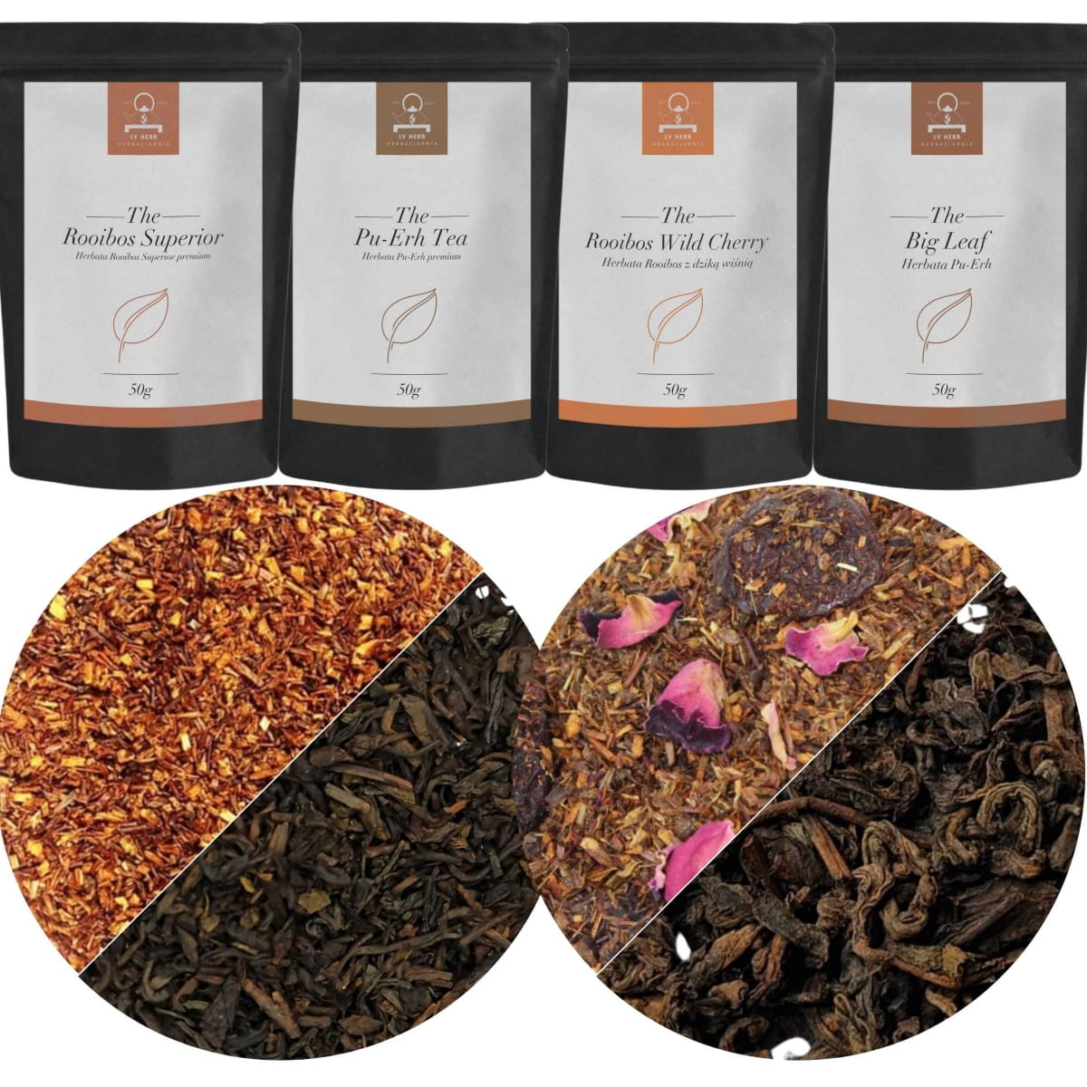 Zestaw Herbat Czerwonych – Rooibos i Pu-Erh – Herbaty Liściaste Premium 4x50g