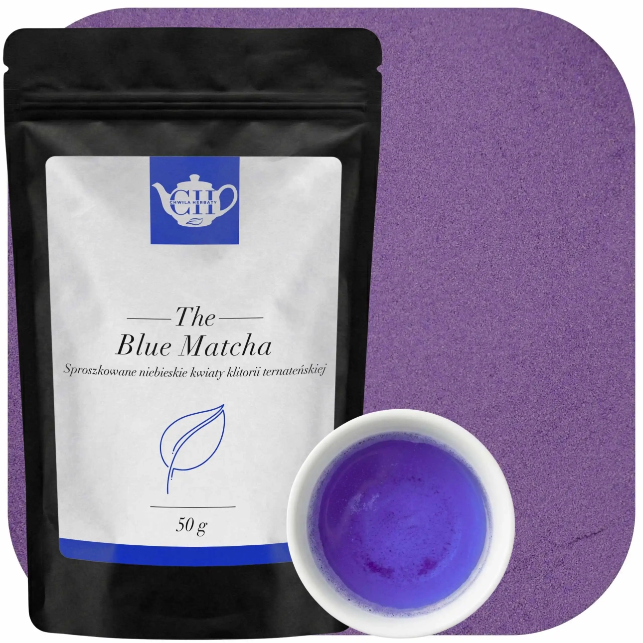 doypack niebieskiej matchy z sproszkowanych kwiatów klitorii ternateńskiej wraz z proszkiem
