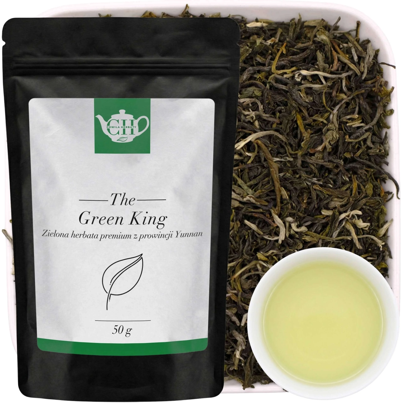 Czarny doypack z zielona herbatą liściastą green king mao feng