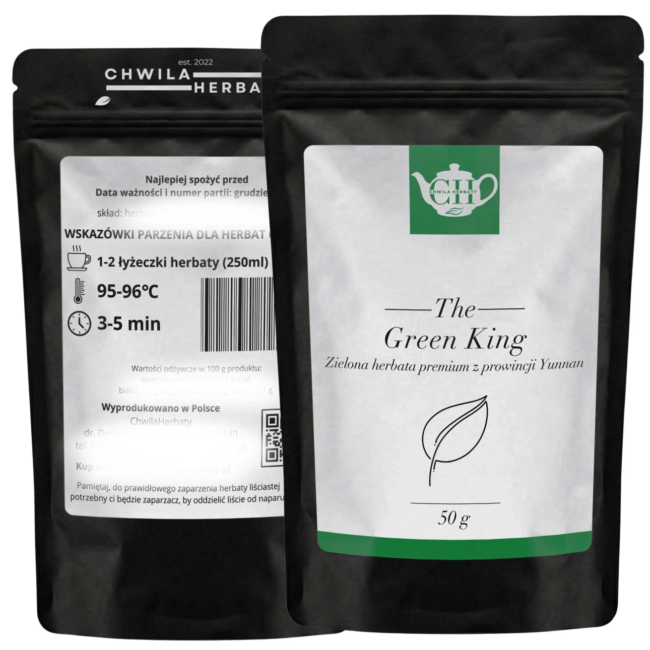 Czarny doypack dwustronny z data ważności, instrukcją parzenia oraz składem zielonej herbaty liściastej