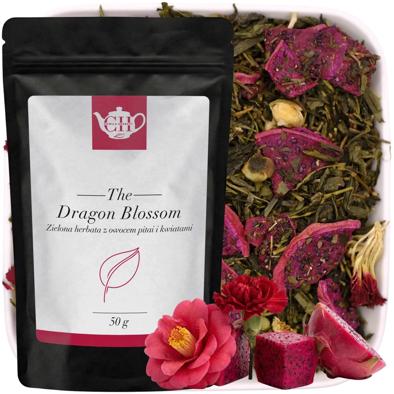 Czarny doypack premium z herbatą sencha z dodatkiem czerwonego smoczego owocu