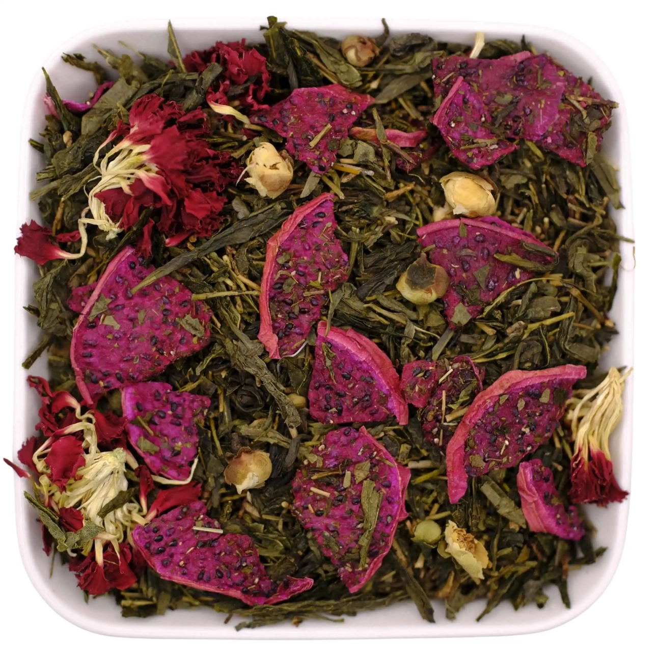 mieszanka zielonej herbaty sencha ze smoczym owocem i kwiatem goździka oraz kamelii