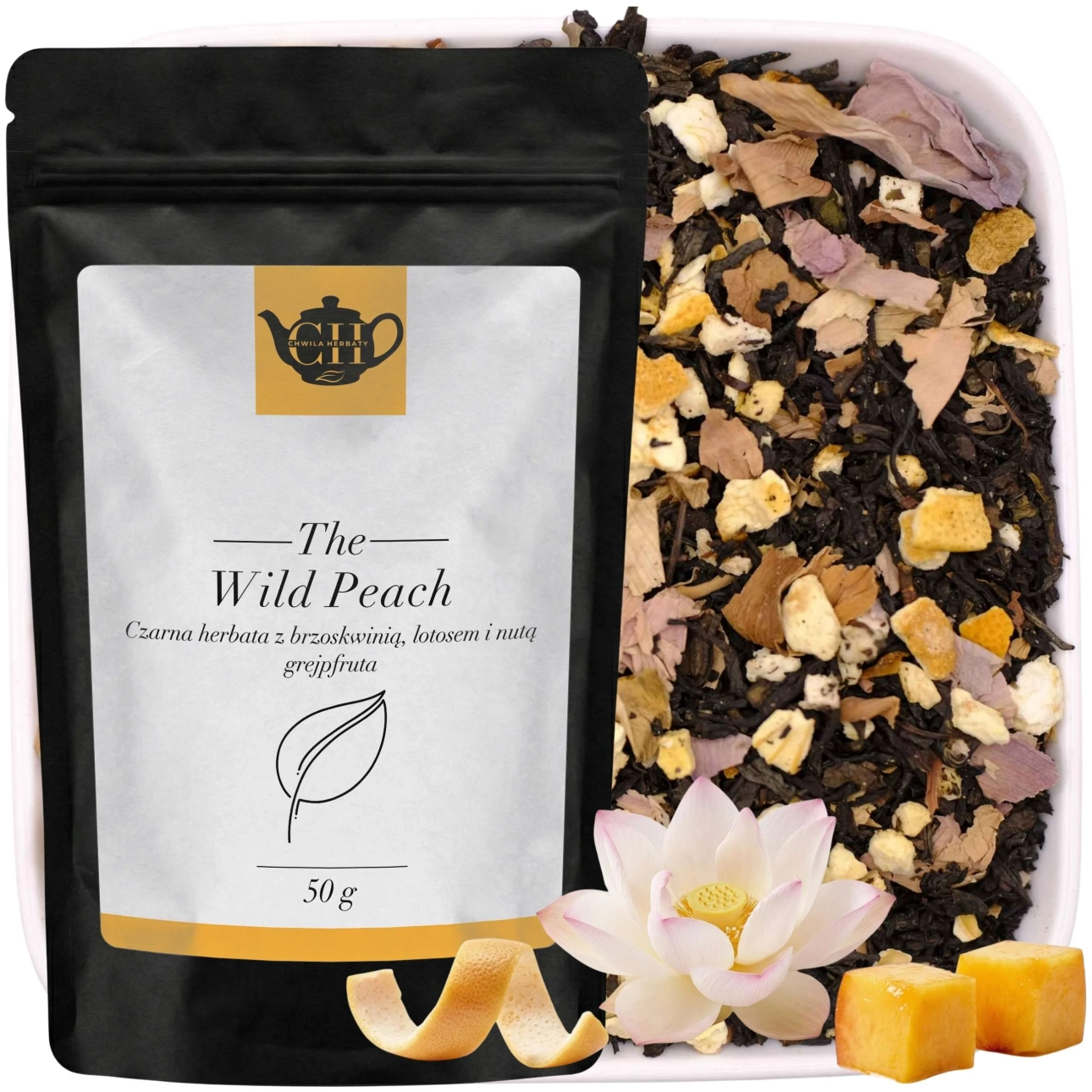 Czarny doypack kraft z czarną herbatą liściastą z dodatkiem brzoskwini, lotosu, grejpfruta 50 g