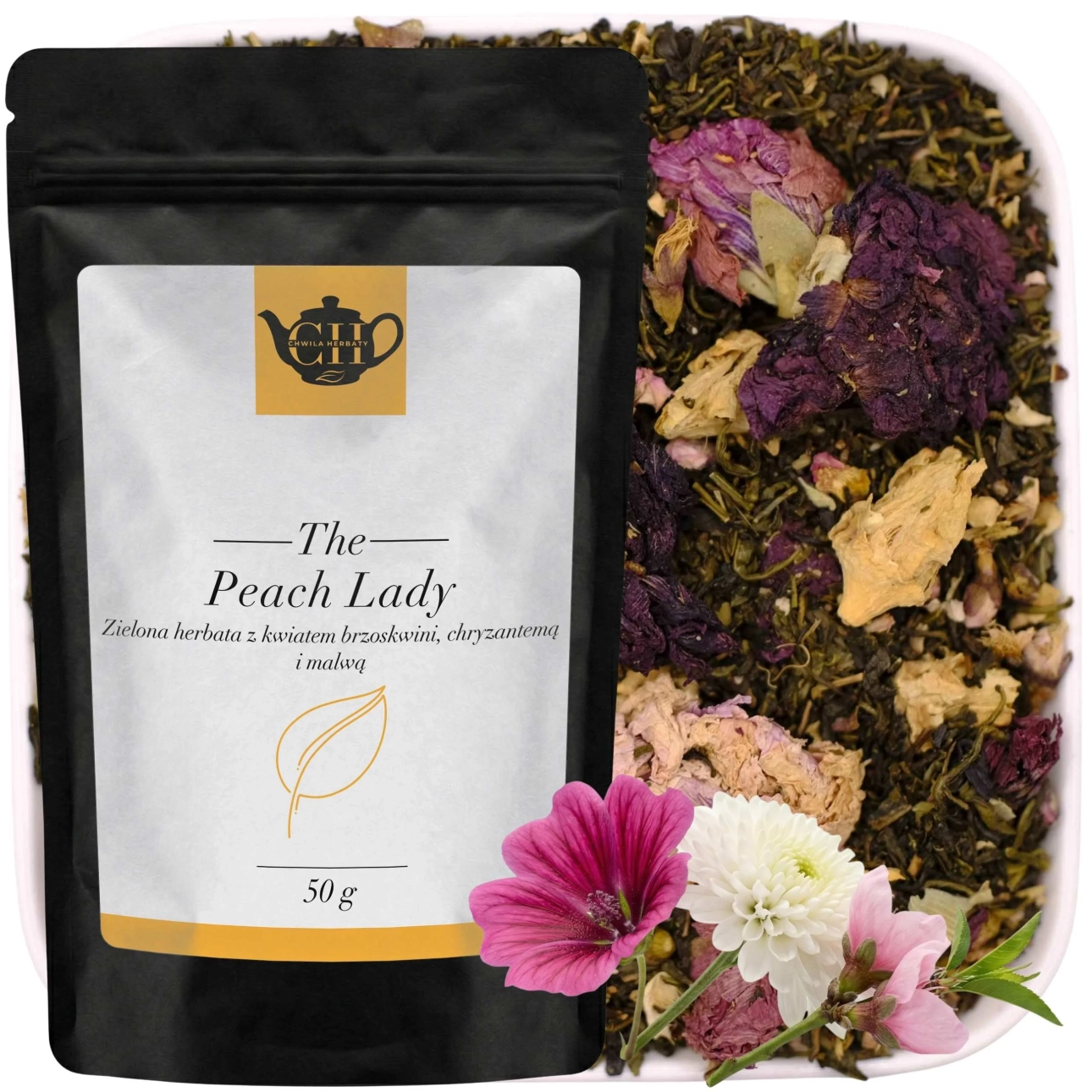 Czarny doypack premium z herbatą zieloną z dodatkiem kwiatu brzoskwini, chryzantemy i malwy 50 g