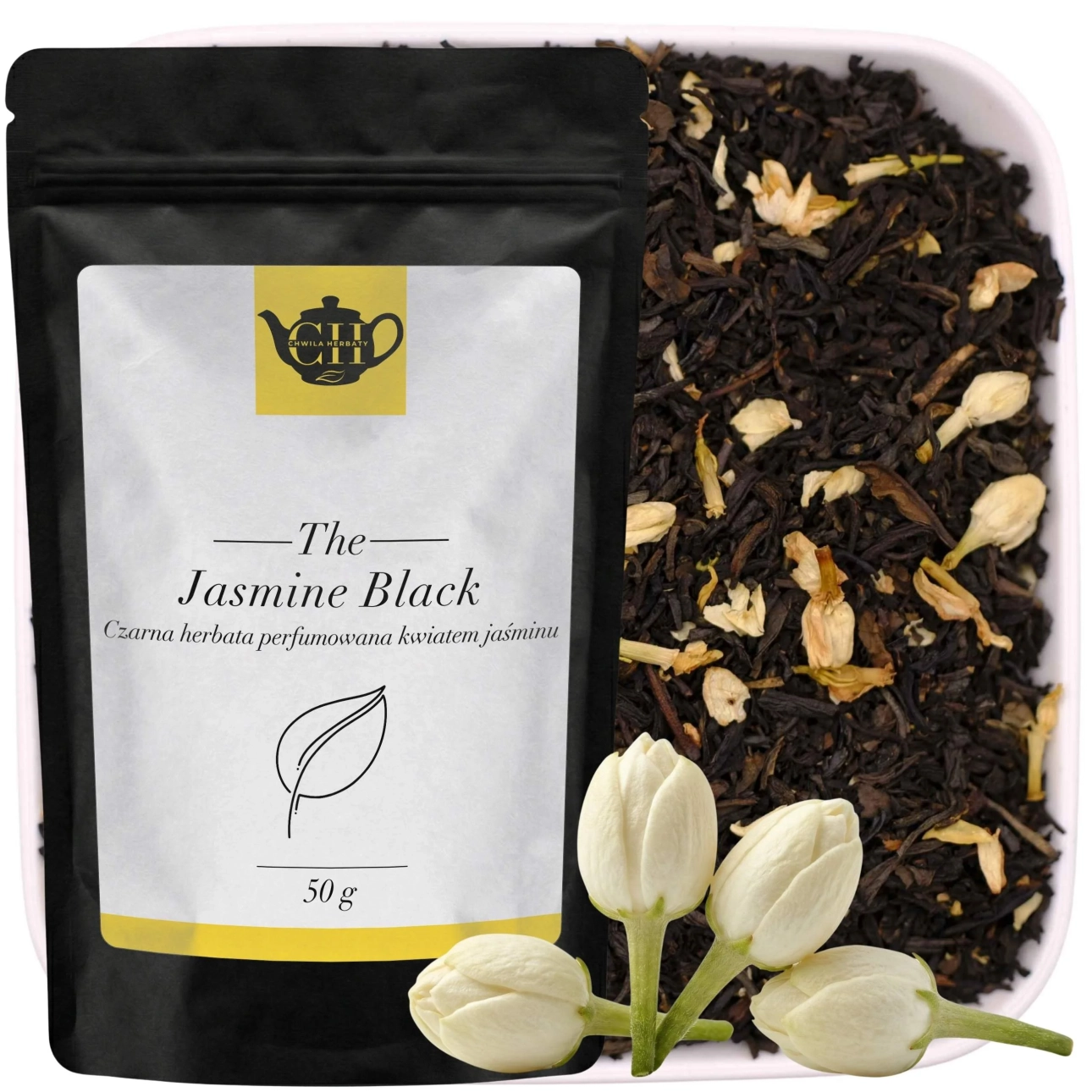 Czarny doypack premium z herbatą czarną z dodatkiem świeżych pąków jaśminu 50 g