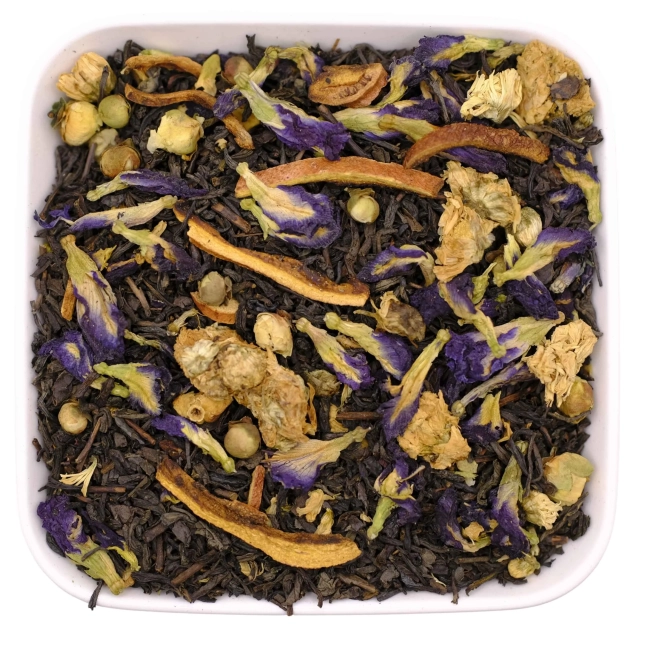 mieszanka czarnej herbaty z dodatkiem klitorii, skórki granatu i kamelii 50 g
