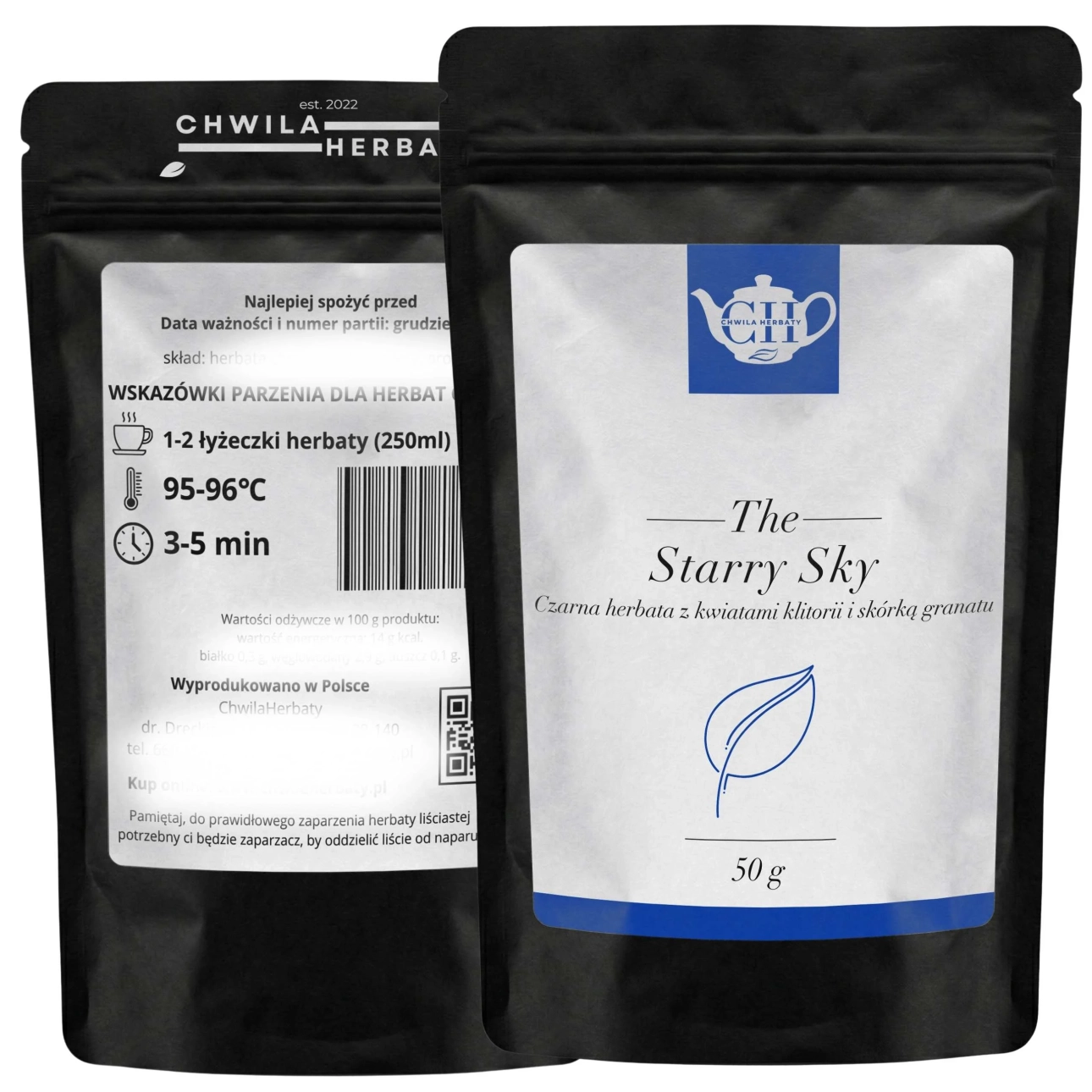Czarny doypack dwustronny z data ważności, instrukcją parzenia oraz składem czarnej herbaty - Starry Sky