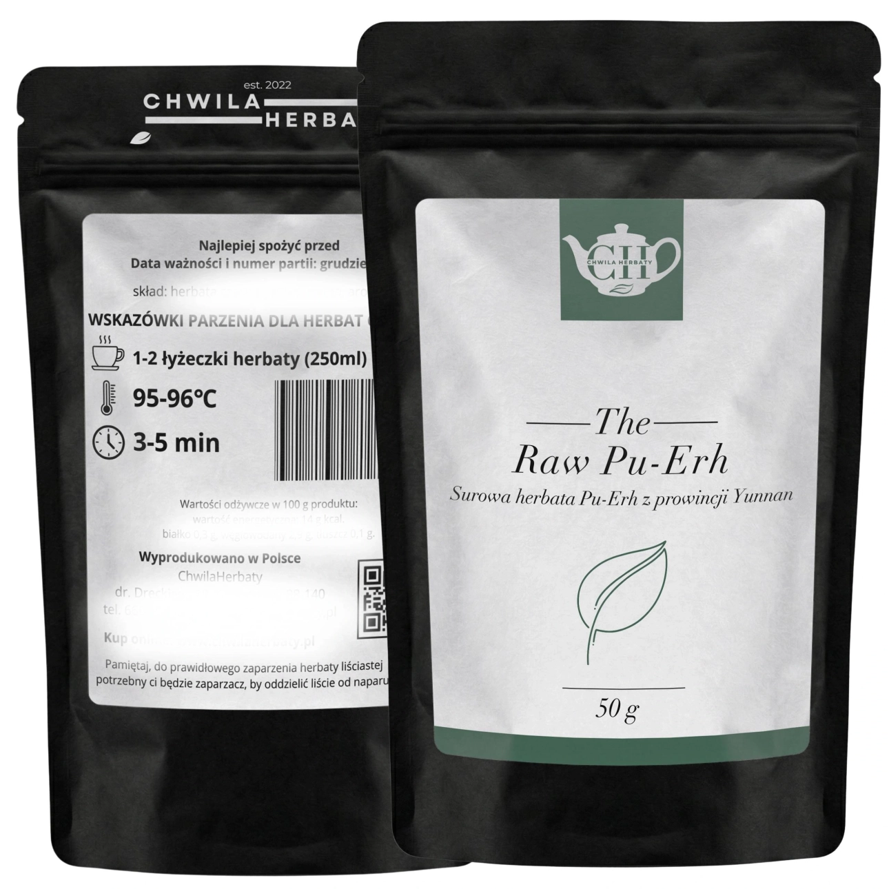 Czerwona herbata liściasta Pu-Erh surowa 50 g - Raw Pu-Erh przód i tył doypacka