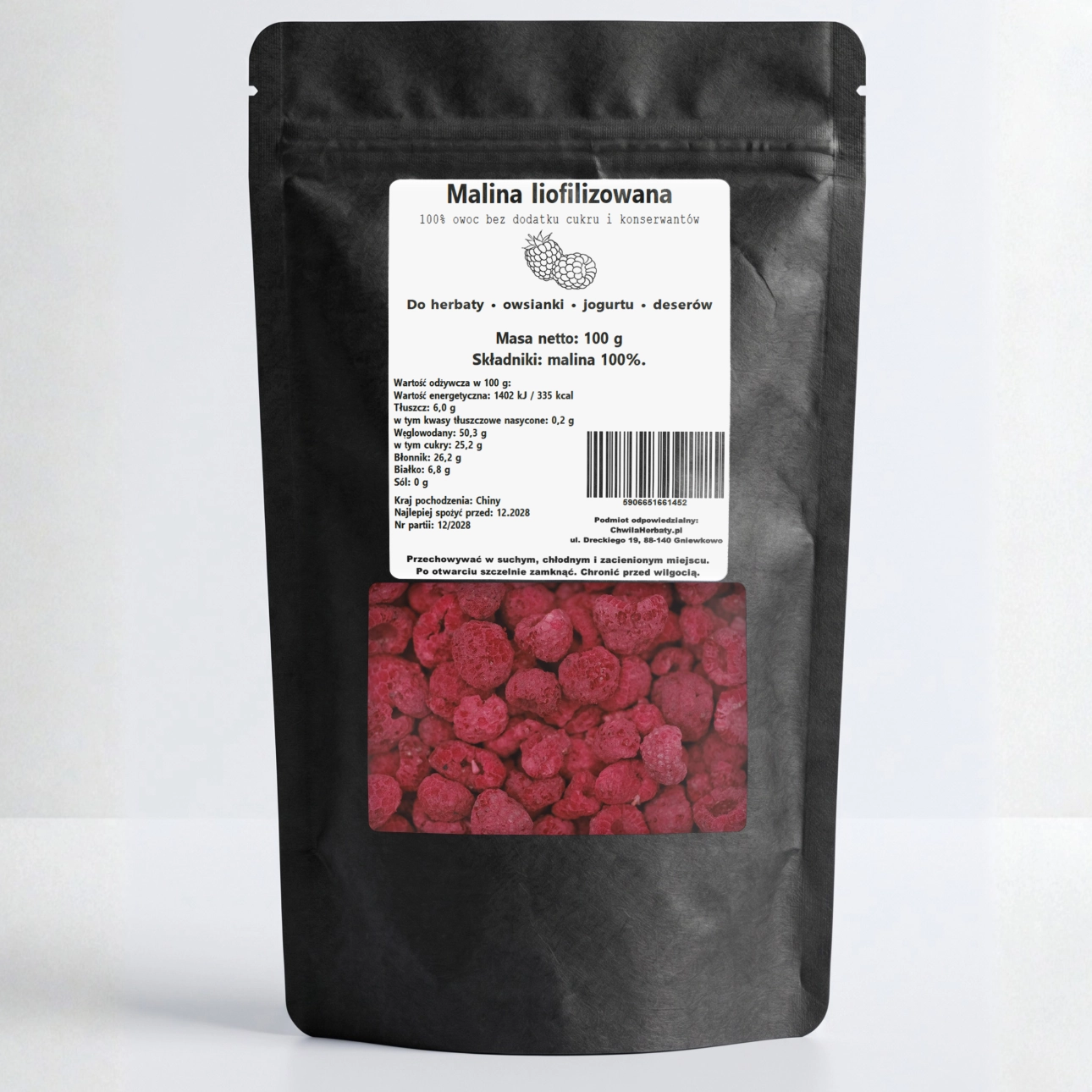 Malina liofilizowana cały owoc 100 g – 100% malina bez dodatku cukru doypack