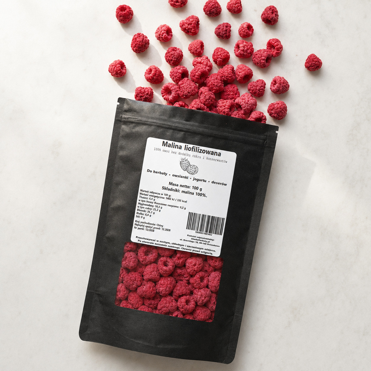 Malina liofilizowana cały owoc 100 g – 100% malina bez dodatku cukru