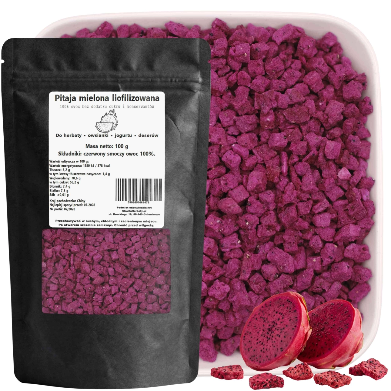 Pitaja czerwona liofilizowana grys 100 g – smoczy owoc bez dodatku cukru i konserwantów