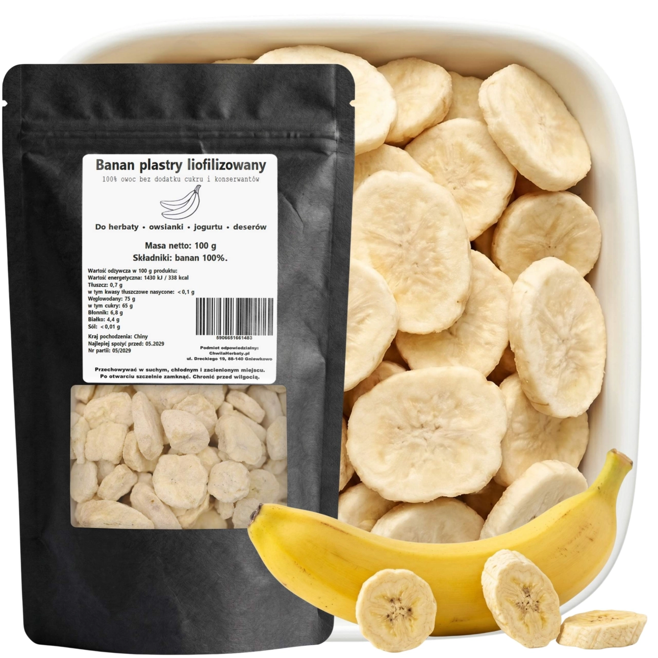 Banan liofilizowany plastry 100 g – 100% owoc bez dodatku cukru i konserwantów