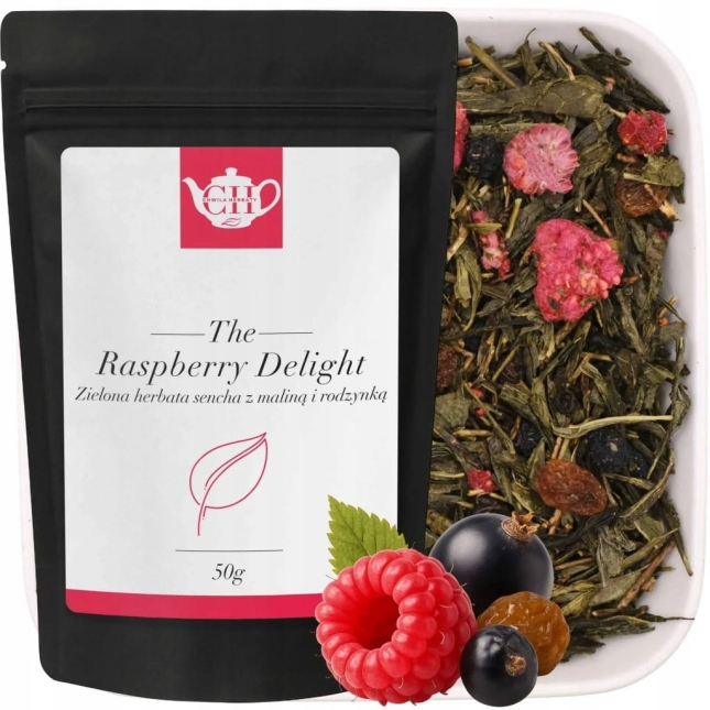 Japońska zielona herbata liściasta Sencha z maliną i rodzynką 50 g - Raspberry Delight