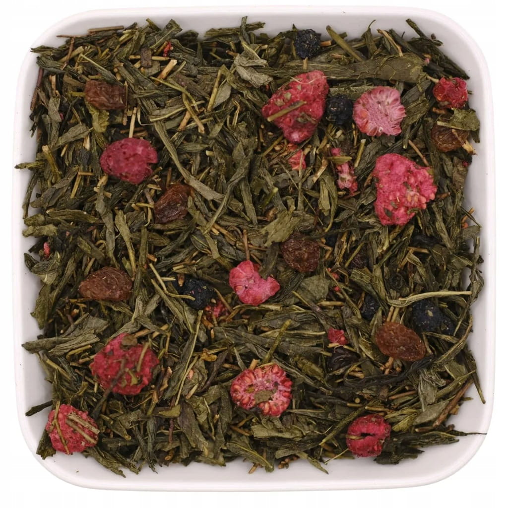 Japońska zielona herbata liściasta Sencha z maliną i rodzynką 50 g - Raspberry Delight