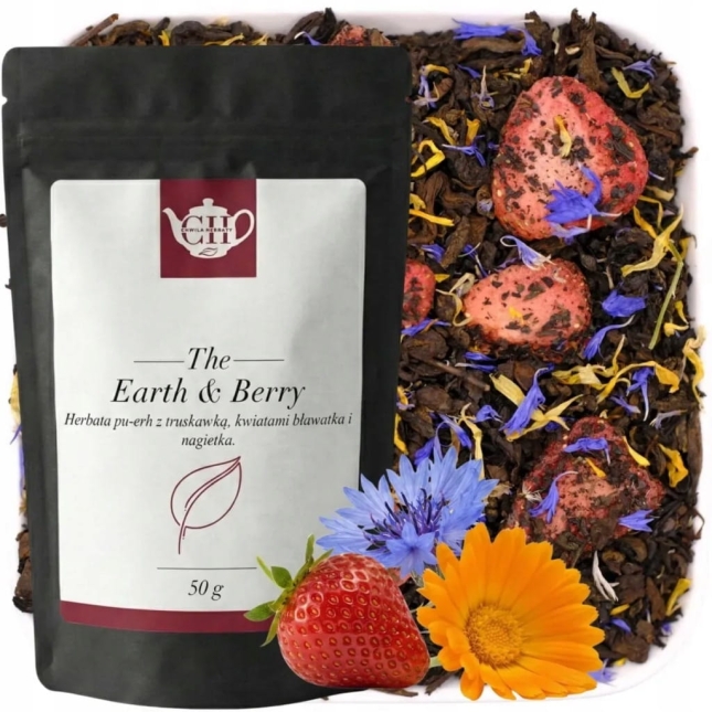 Czerwona herbata Pu-Erh z truskawką, kwiatami bławatka i nagietka 50 g - Earth & Berry