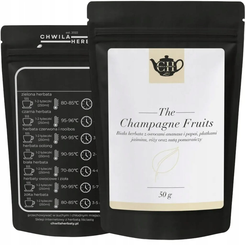 Biała herbata z owocami ananasa, papai, skórką pomarańczy, jaśminem i różą 50 g - Champagne Fruits